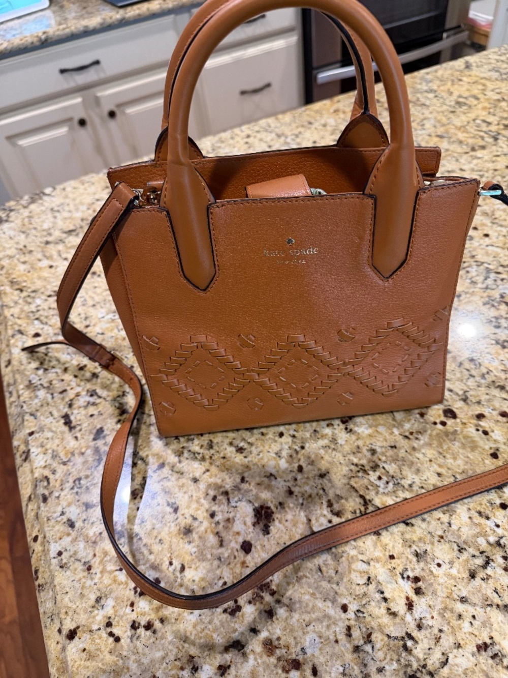 Kate Spade Cognac Leather Satchel with Woven Detail